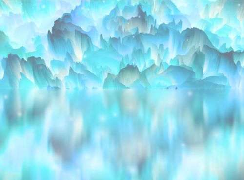 Lichtkristalle in sanften Blautönen über ruhigem Wasser – eine visuelle Darstellung von Atlantis als lichtvolle, feinstoffliche Dimension mit Lichthunden.