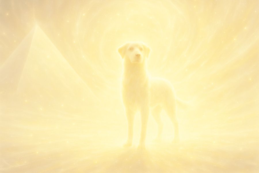 Ein leuchtender, feinstofflicher Hund aus Licht steht vor einer hellen, gold-weißen Kulisse – strahlend, friedvoll und jenseits der irdischen Dimension, als Symbol der Lichthunde von Atlantis.