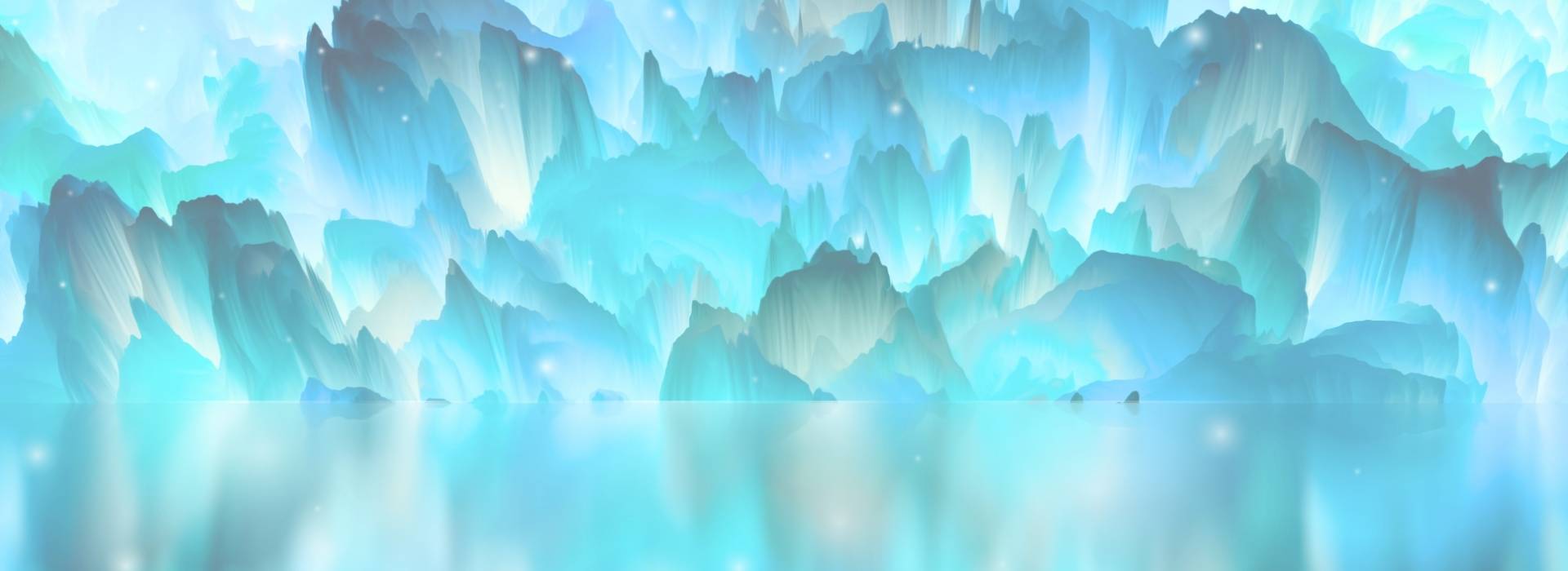 Lichtdurchflutete Kristalle in sanften Blautönen schweben über ruhigem, spiegelndem Wasser – eine feinstoffliche Darstellung von Atlantis als lichtvolle, transparente Dimension mit friedlicher Energie.