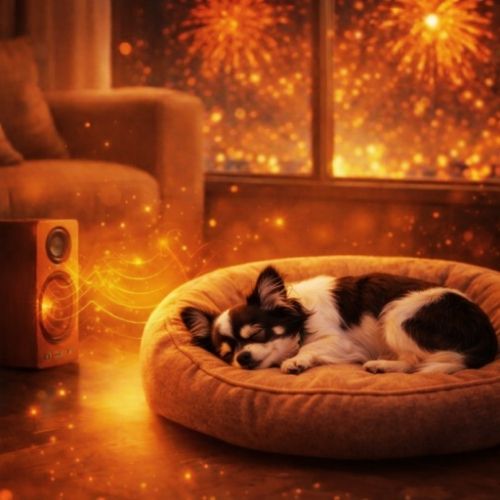Langhaariger schwarz-weißer Chihuahua schläft entspannt im Hundebett, während aus einem Lautsprecher goldenes Rauschen kommt und draußen Feuerwerk zu sehen ist.
