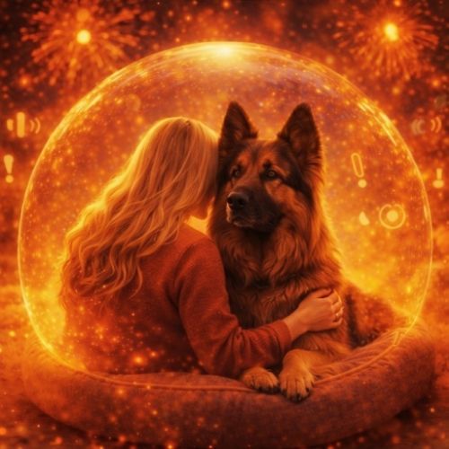 Blonde Frau mit langen Haaren sitzt mit ihrem altdeutschen Schäferhund in einer leuchtenden Schutzkugel, während im Hintergrund Silvesterfeuerwerk explodiert.