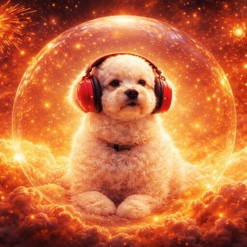 Sitzender weißer Hund mit roten Kopfhörern in einer goldenen Lichtkugel vor Silvesterfeuerwerk