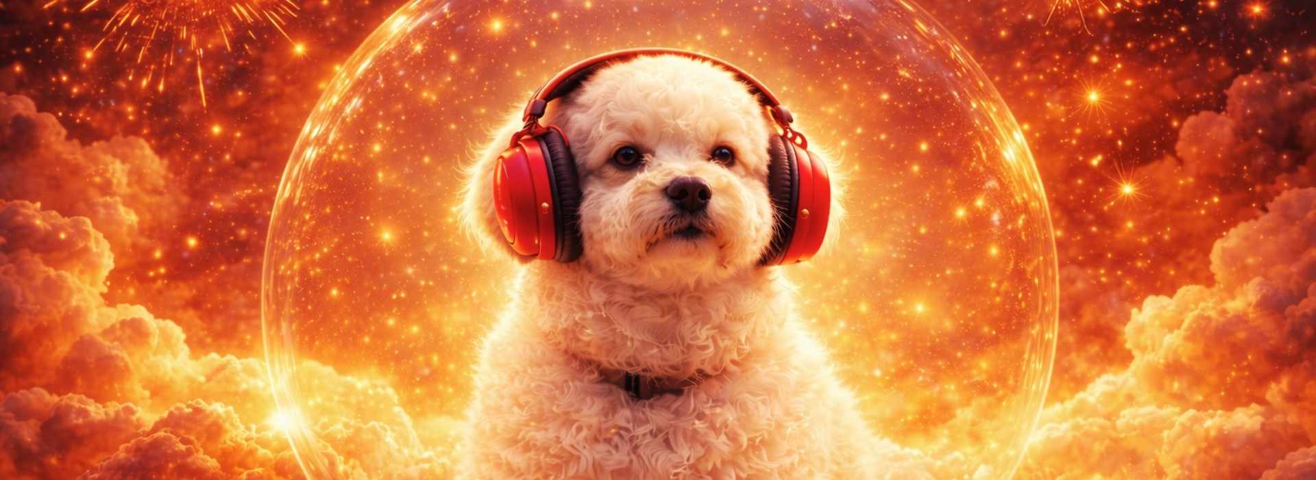 Weißer Hund mit roten Kopfhörern sitzt in einer leuchtenden Schutzkugel, während am Himmel Silvesterfeuerwerk explodiert.
