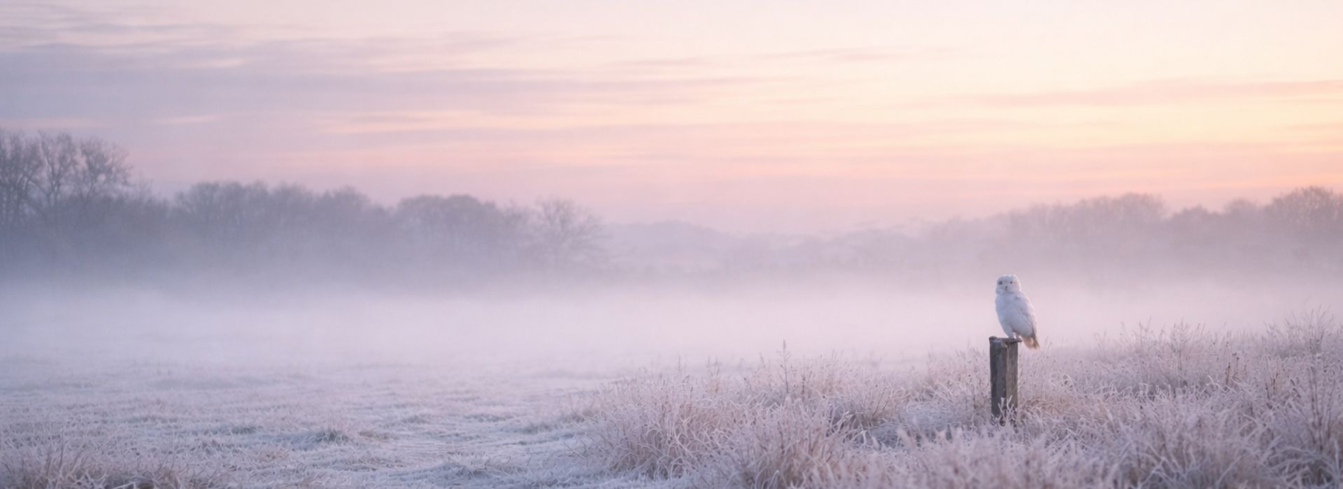 Ruhige Winterlandschaft im Morgengrauen mit weißer Eule als Symbol für Übergang, innere Stärke und Wahrhaftigkeit
