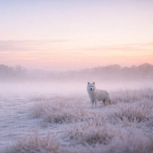 Weißer Wolf in ruhiger Winterlandschaft im Morgengrauen als Symbol für innere Stärke, Wachsamkeit und Durchhalten in schwierigen Zeiten.