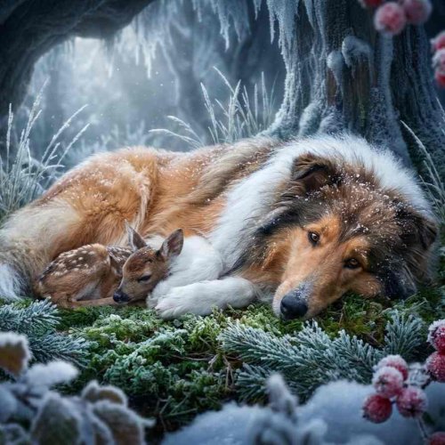 Ein Hund liegt ruhig im winterlichen Wald und schützt ein Rehkitz in geborgener Nähe.