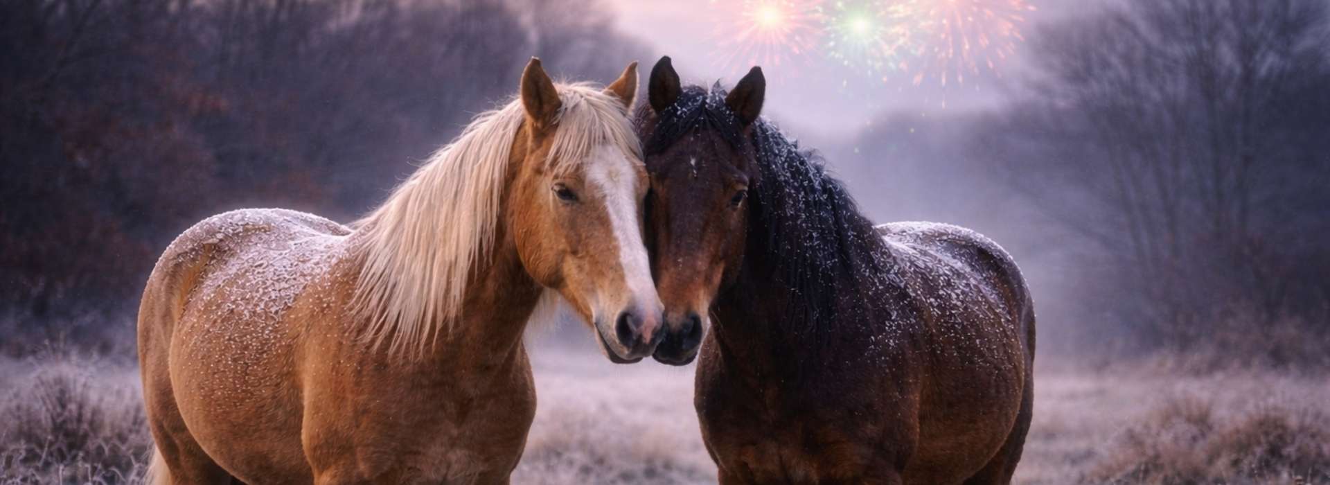 Zwei Pferde stehen ruhig Hals an Hals auf frostigem Boden, unbeeindruckt vom Silvesterfeuerwerk im Hintergrund.