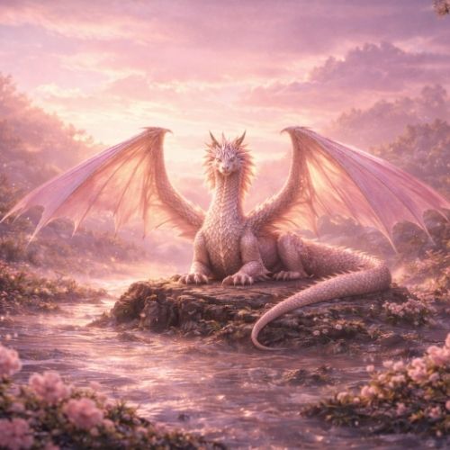 Rosa Drache als mythisches Helfertier in einer märchenhaften Landschaft