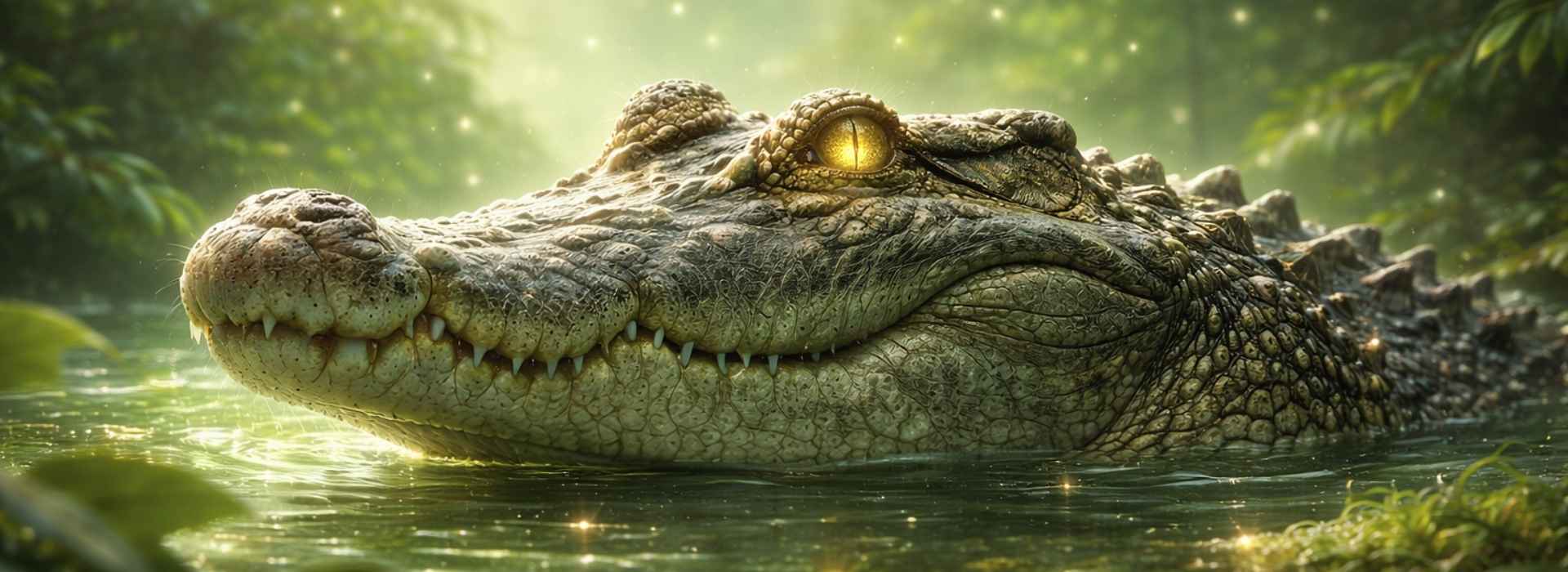 Krokodil als Kollektiv im grünen Wasser eines Dschungels mit Lichtstrahlen