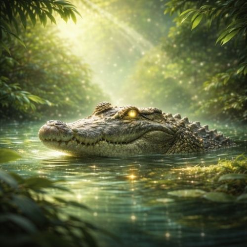Krokodil als Helfertier ruhig im Wasser eines grünen Dschungels mit Lichtstrahlen