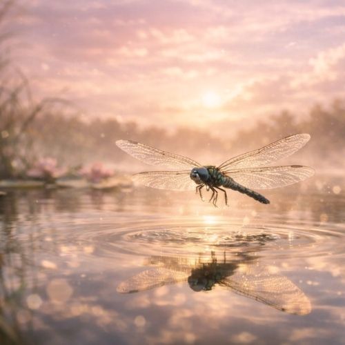 Libelle als Helfertier über einer ruhigen Wasseroberfläche im warmen Abendlicht