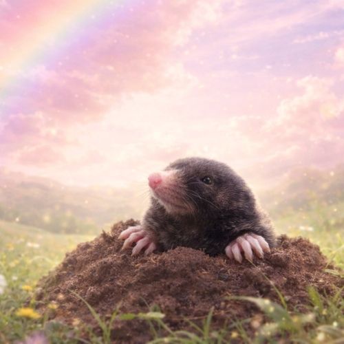 Maulwurf als Helfertier schaut aus einem Erdhügel auf einer Wiese