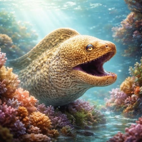 Muräne als Helfertier im klaren Meerwasser zwischen Korallen und Lichtstrahlen