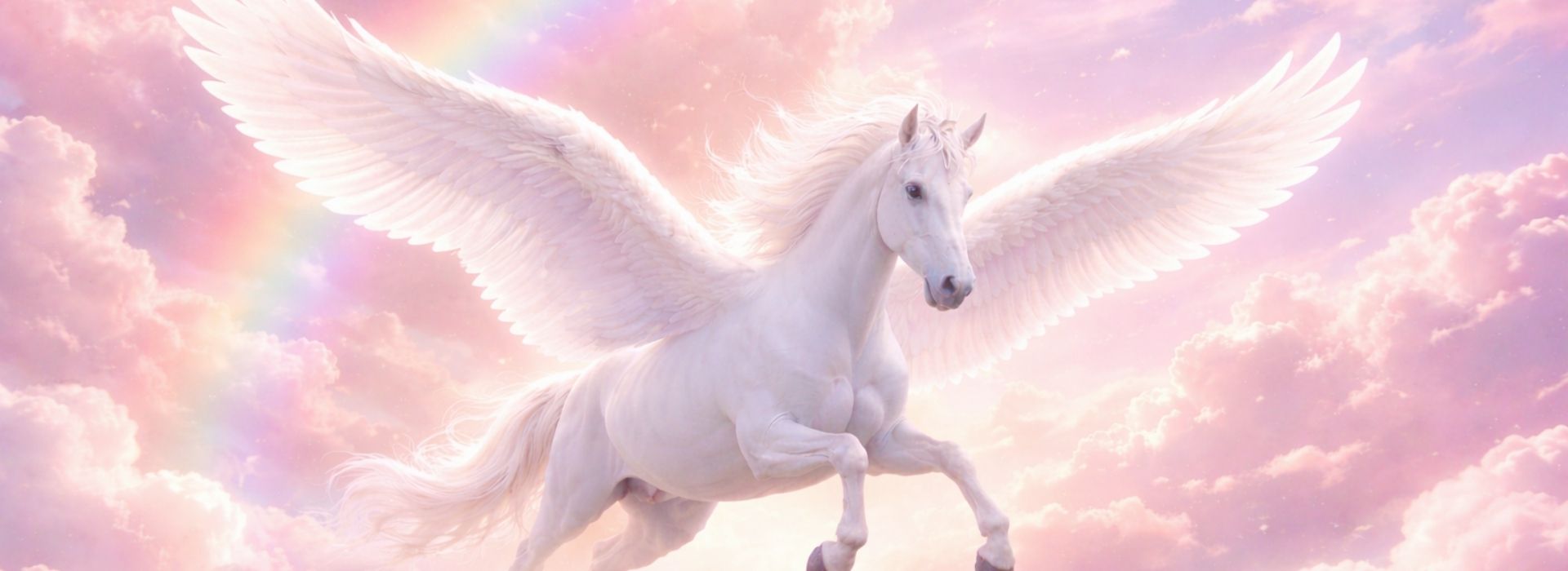 Pegasus als mythisches Helfertier im rosafarbenen Himmel mit ausgebreiteten Flügeln