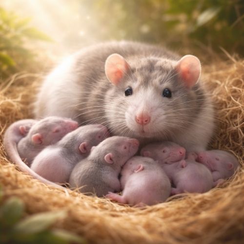 Rattenmutter mit ihren Babys in einem warmen Nest als Symbol für Fürsorge und Gemeinschaft