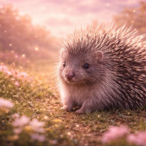 Stachelschwein als Helfertier auf einer Blumenwiese im warmen Abendlicht