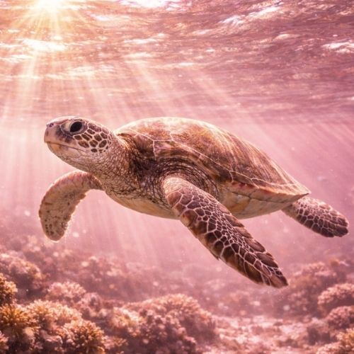 Wasserschildkröte als Helfertier im rosafarbenen Meerwasser mit Sonnenstrahlen