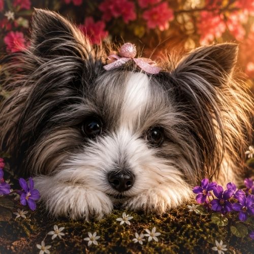 Kleiner Hund liegt zwischen Blüten und Moos und blickt sanft in die Kamera, als Sinnbild für die letzte gemeinsame Zeit.