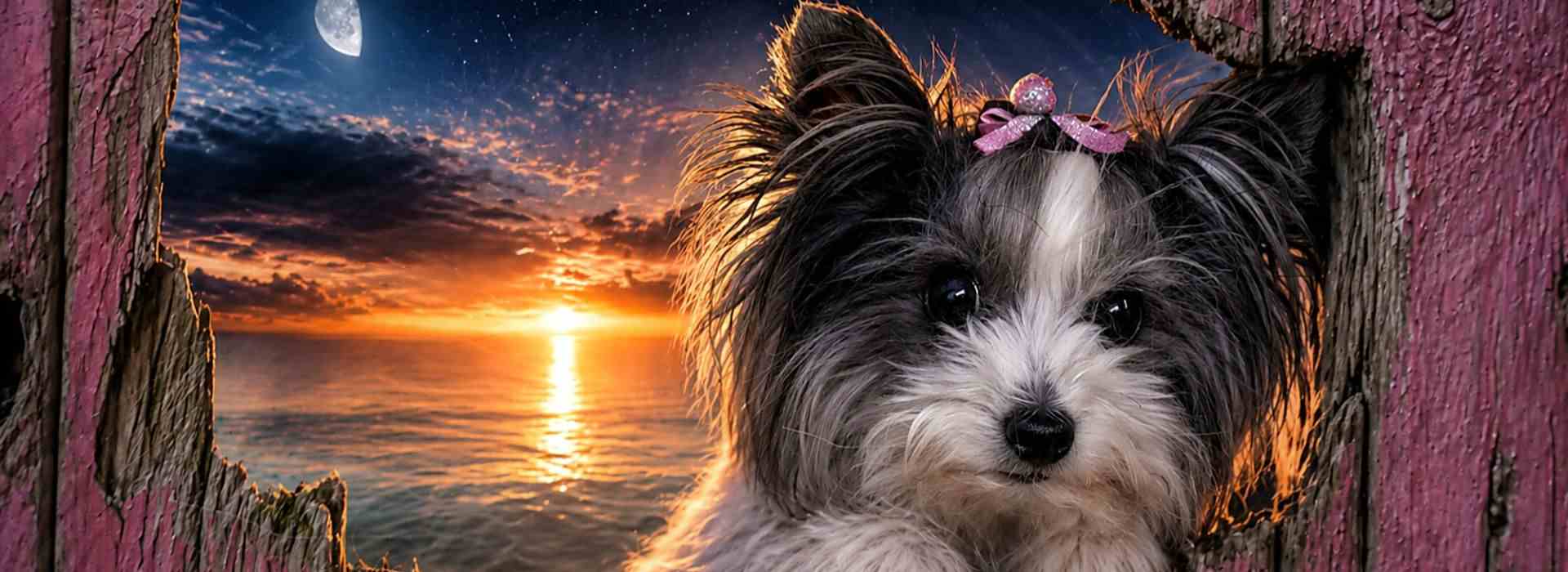 Kleiner Hund blickt ruhig in die Kamera, vor einem leuchtenden Sonnenuntergang am Meer, als Sinnbild für einen friedlichen letzten Atemzug.