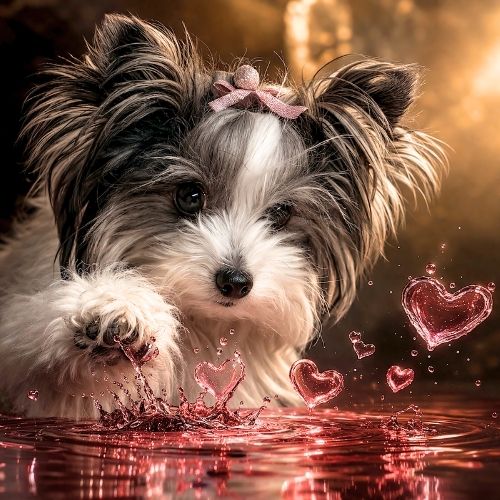 Kleiner Hund berührt mit der Pfote Wasser, in dem Herzen aufleuchten, als Symbol für liebevolle Sterbebegleitung und Abschied.