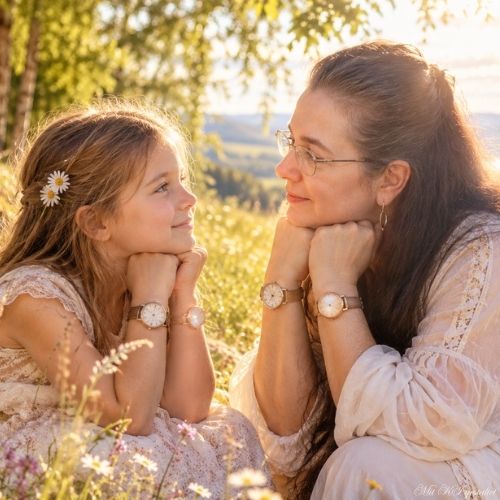 Mädchen und ältere Frau sitzen einander auf einer Wiese gegenüber und tragen jeweils zwei unterschiedliche Uhren.