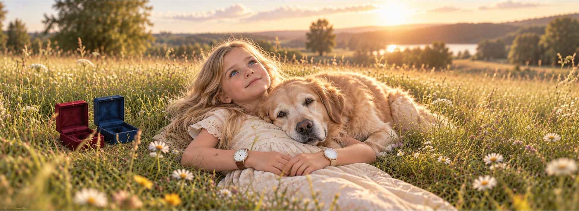 Mädchen liegt mit einem Hund auf einer Wiese und trägt zwei unterschiedliche Uhren an den Handgelenken.