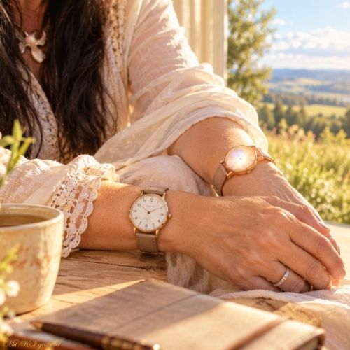 Zwei Handgelenke mit einer klassischen Uhr und einer zweiten, zeigerlosen, sanft leuchtenden Uhr.